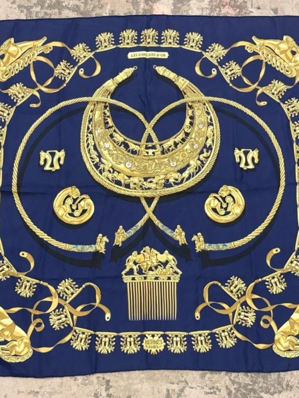 Authentic Hermès Les Cavaliers d’Or Carré 90 Silk Scarf Navy Gold RYBAL